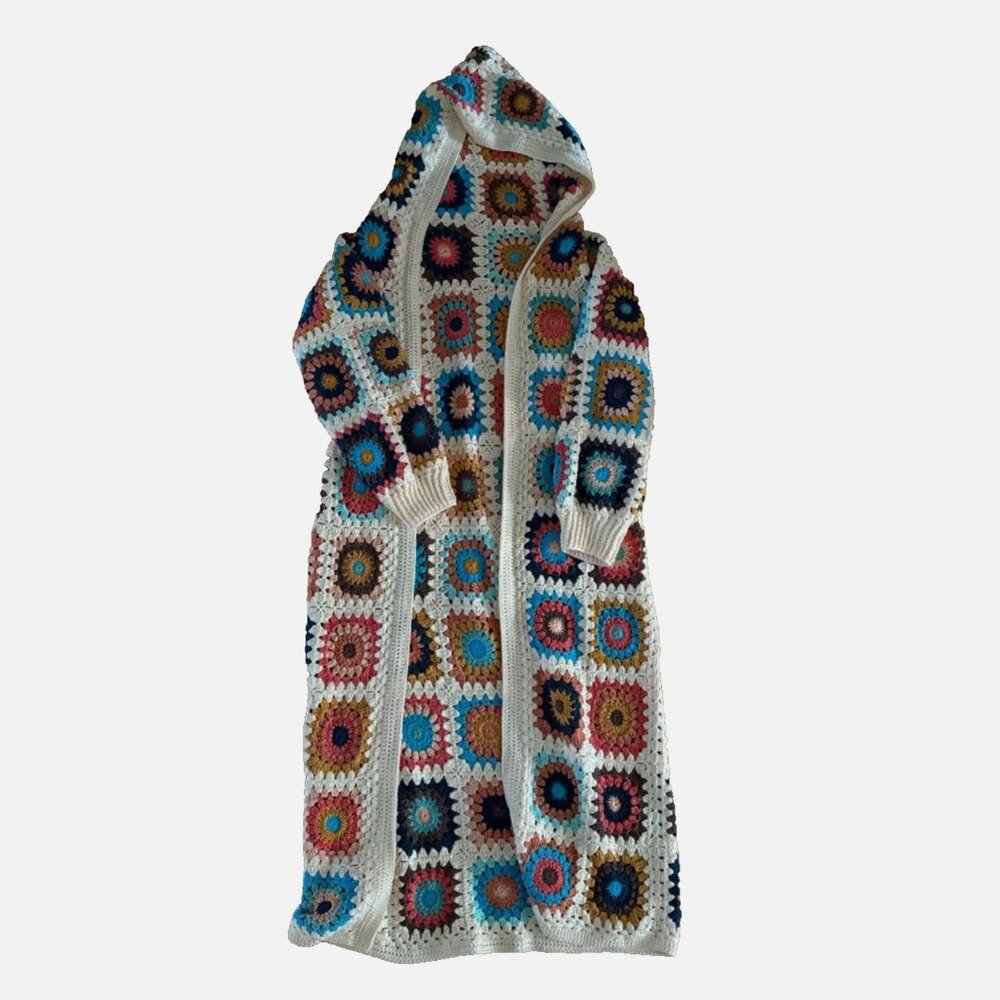 Granny Square Cardigan Crochet Sweater Maxi Long Hooded Afghan 100% Cotton Knit